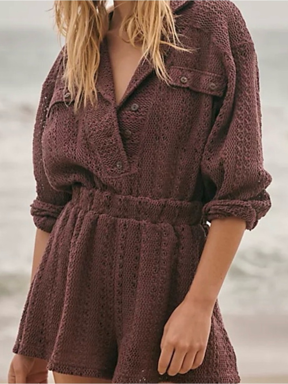 NWT Free People Knit Button Romper in Plum